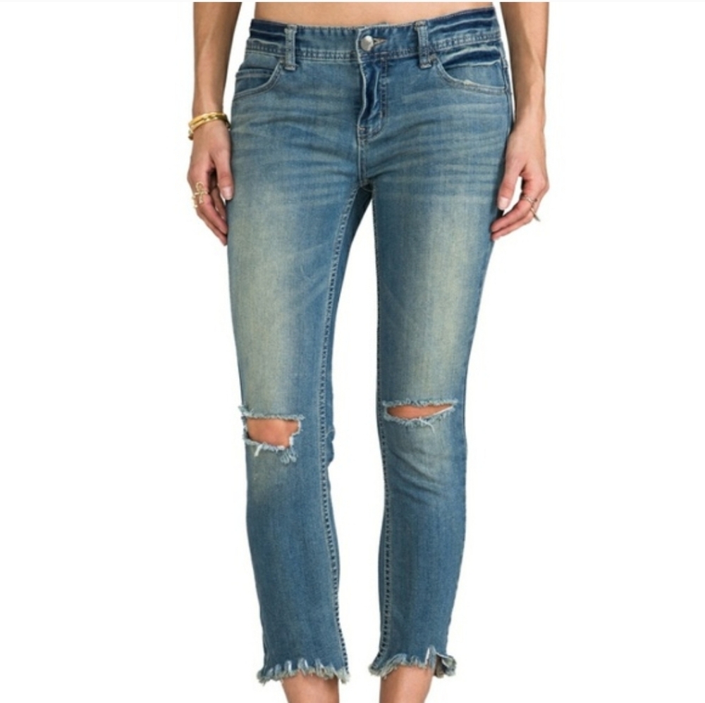 NWT Free People Skinny Jeans Low Rise Distressed Raw Hem Boho Y2K Festival 🇺🇦